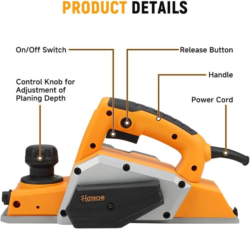 HOTECHE 3-1/4-Inch 6-Amp Electric Hand Planer for woodworking – High-Speed Corded Wood Planer with TCT Blade, Copper Motor, and Complete Accessory Kit - Image 2
